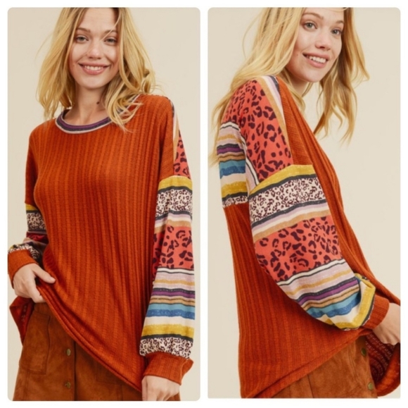 Tops - Vibrant Cable Knit L/S Top w Contrast Balloon Slv & Rnd Ncklne